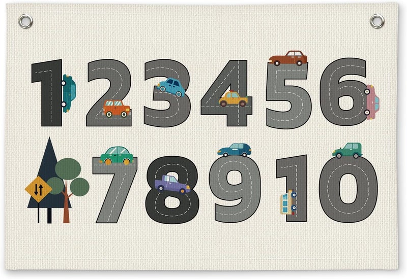 ETVISO Number 1-10 Cars Traffic Boys Kids Room Decor - Linen Banner Wall Hanging Canvas Banner Flag Decor for Toddler Boy Bedroom Nursery Playroom Classroom - Image 1